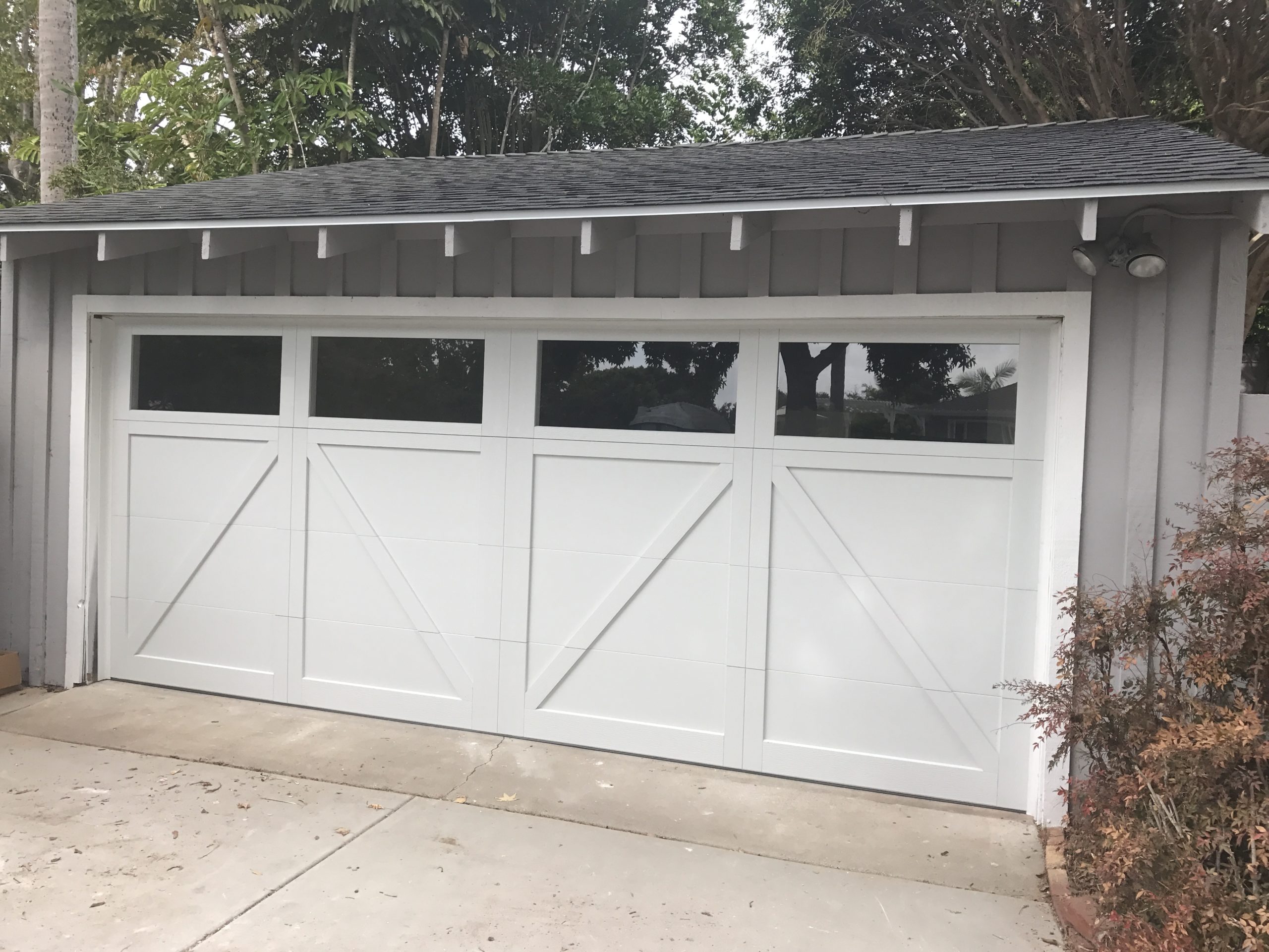 Carriage House Style Door with Overlay and Clear Windows 