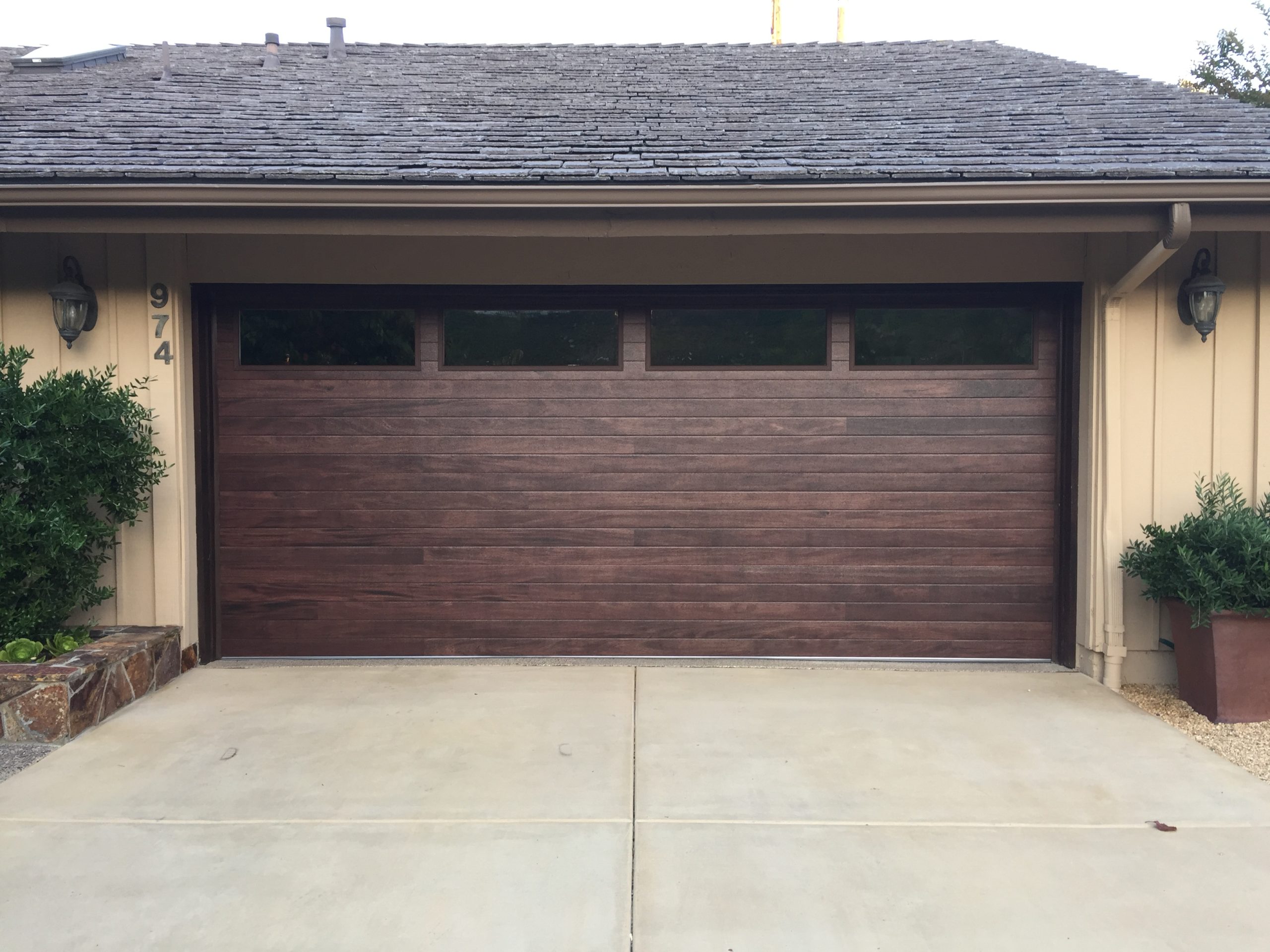 Flushed Panel Faux Wood Garage Door with Clear Windows 