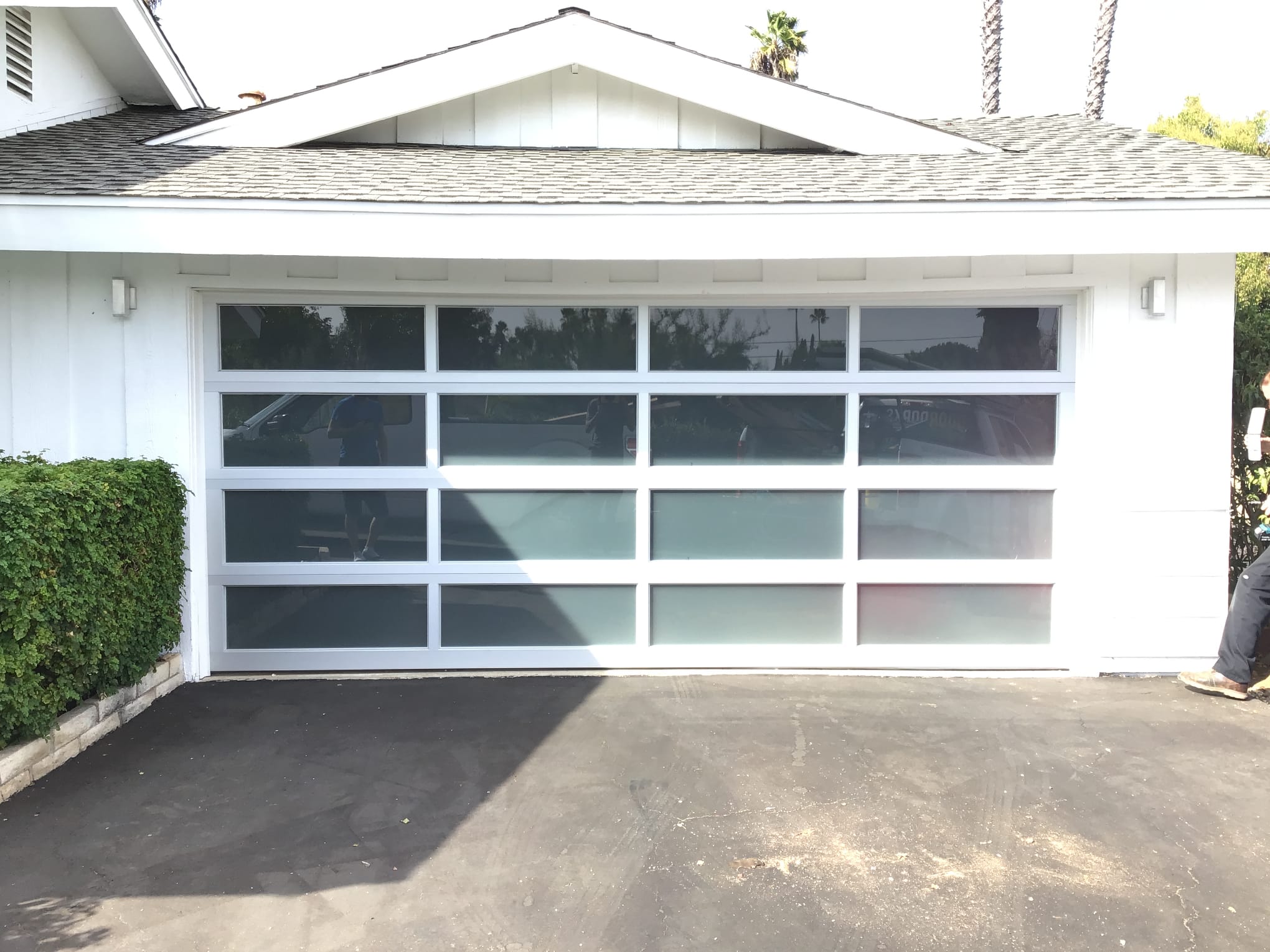 Glass Garage Door with White Frame and Frosted Glass Windows
