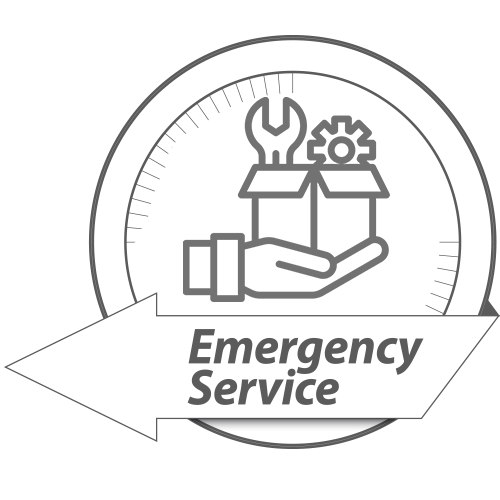 A vector image of an outstretched hand holding a box of tools. Text across the bottom reads "Emergency Service."