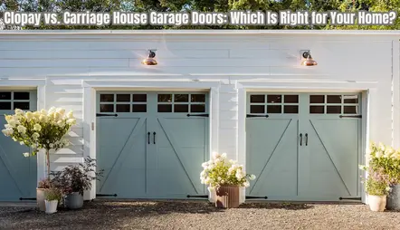 Light blue carriage house garage doors with decorative cross braces on a white home
