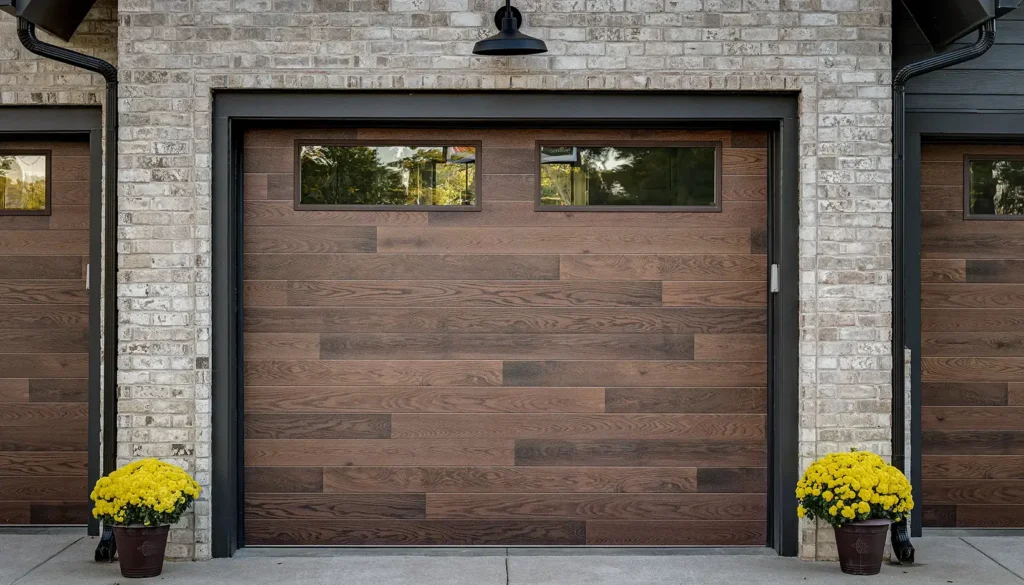 Modern wood-look garage door with horizontal planks and windows on a gray brick home