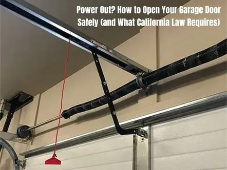 Red emergency release cord on a garage door opener used to disconnect the door for manual operation during a power outage.