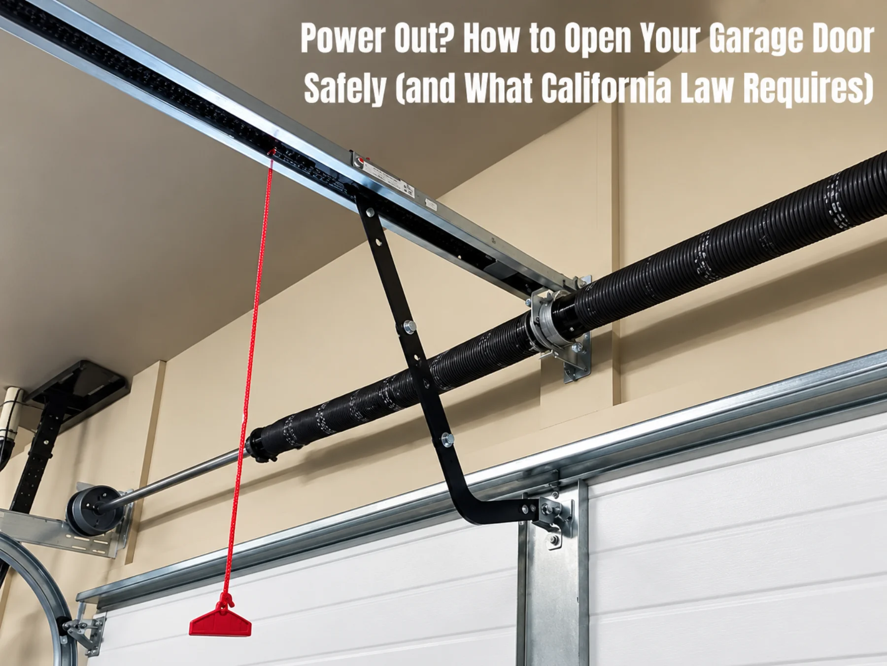 Red emergency release cord on a garage door opener used to disconnect the door for manual operation during a power outage.